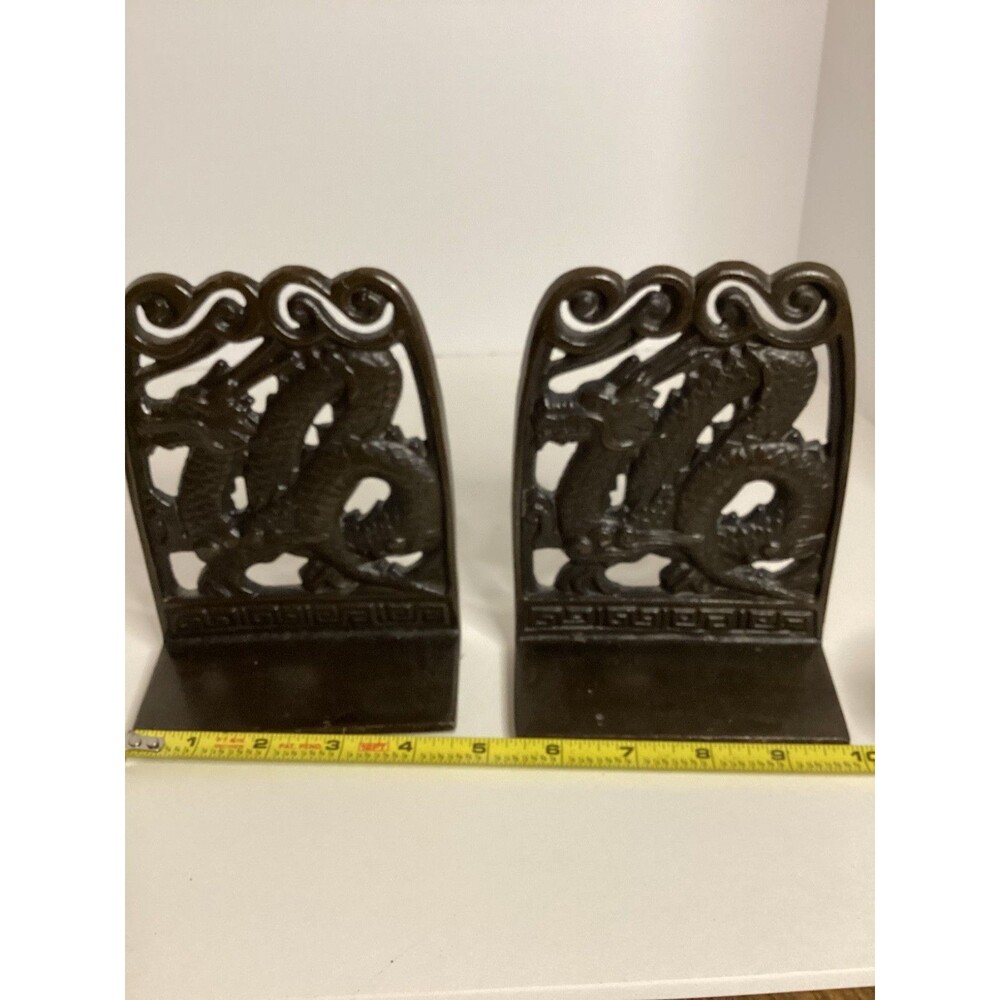 Vintage Heavy Cast Metal Open Work Dragon Bookends Japan Old Ornate